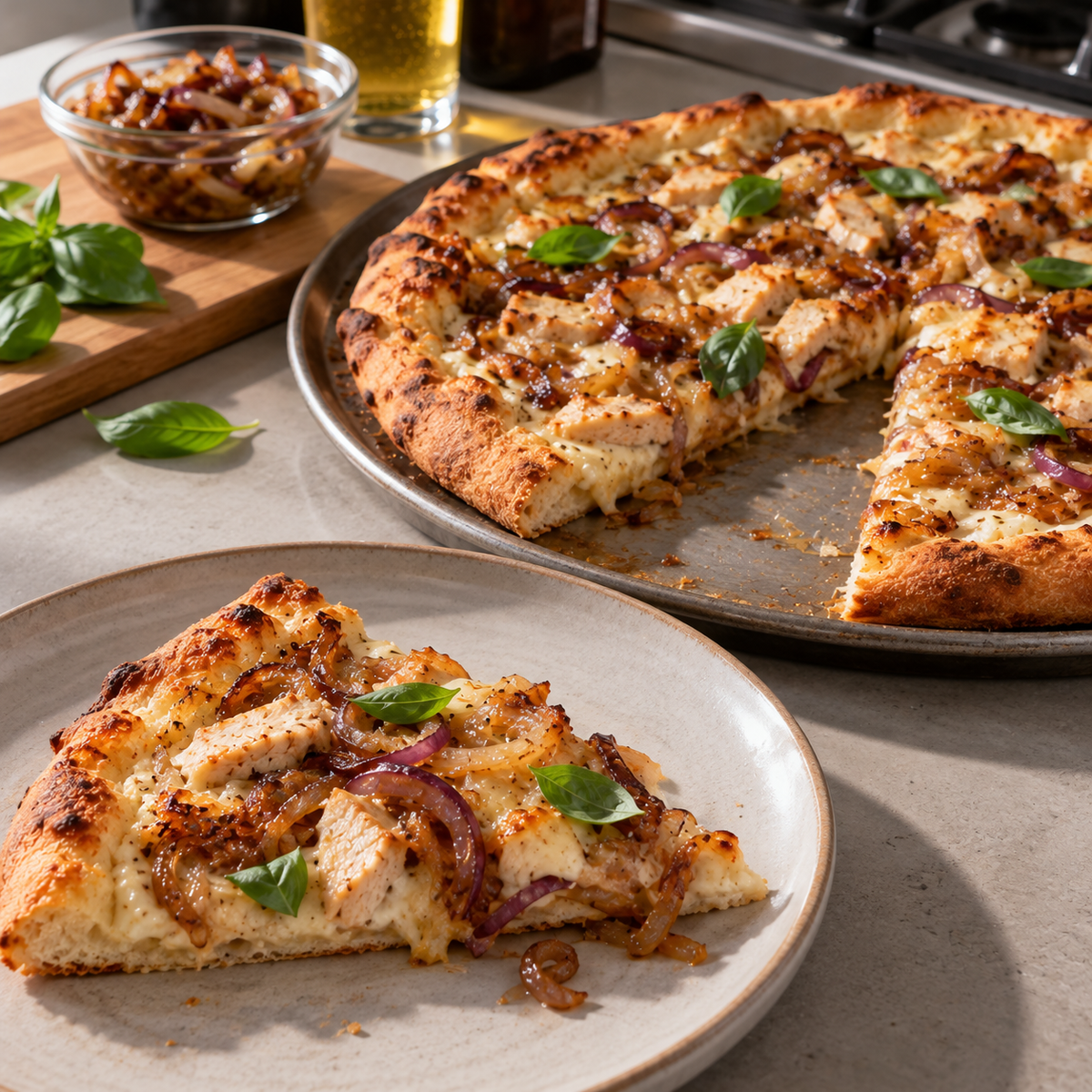 Pizza bière et oignons caramélisés