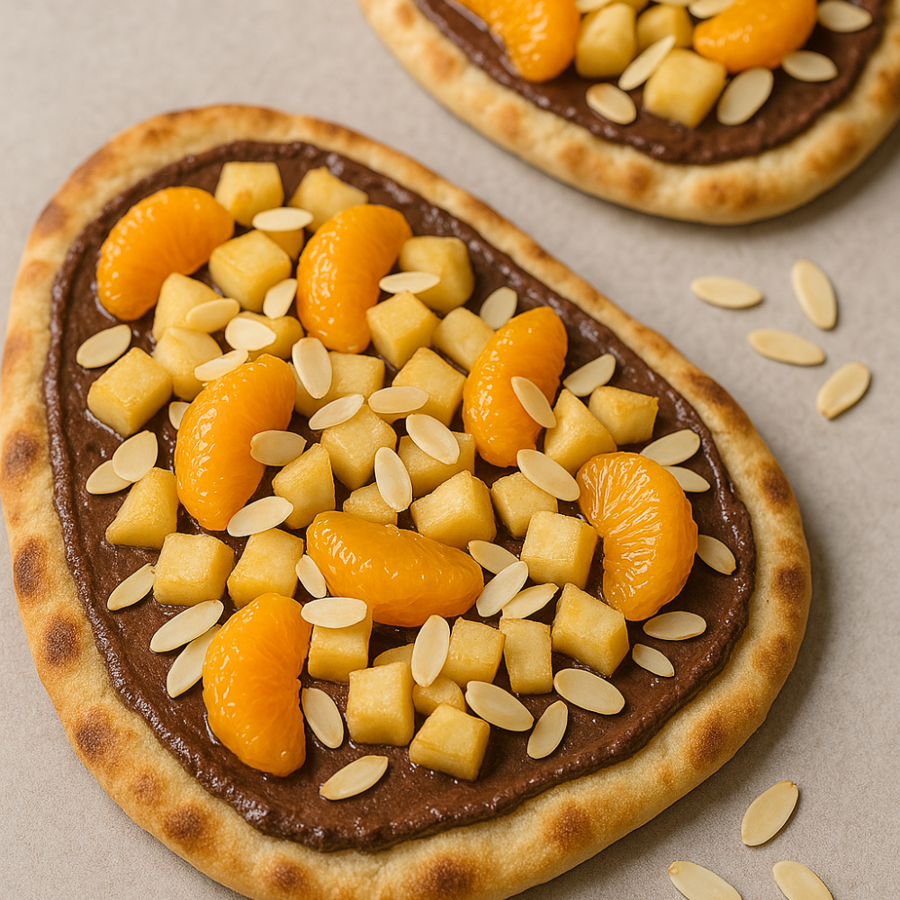 Pizza naan pomme chocolat et mandarine