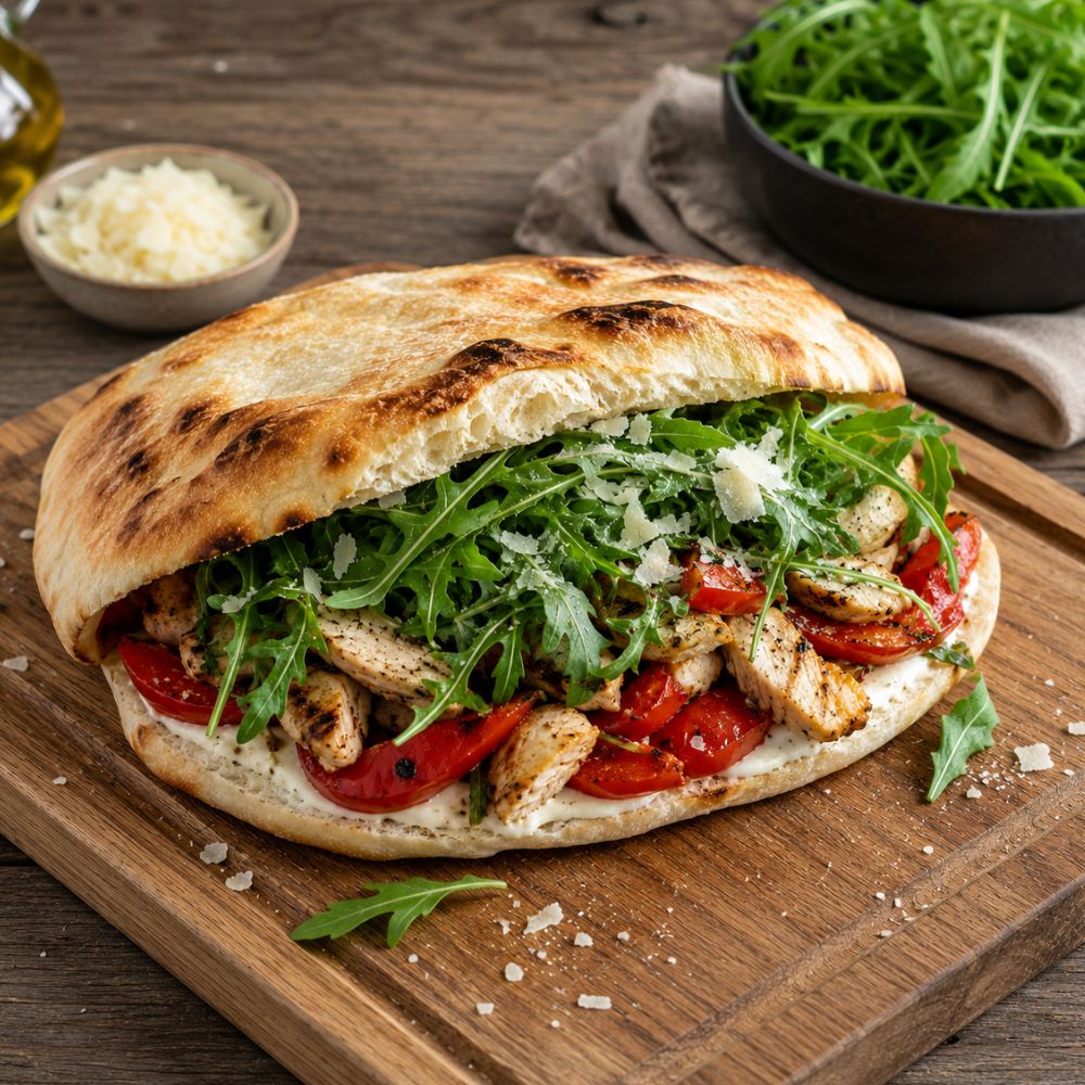 Pizza sandwich au poulet grillé et roquette