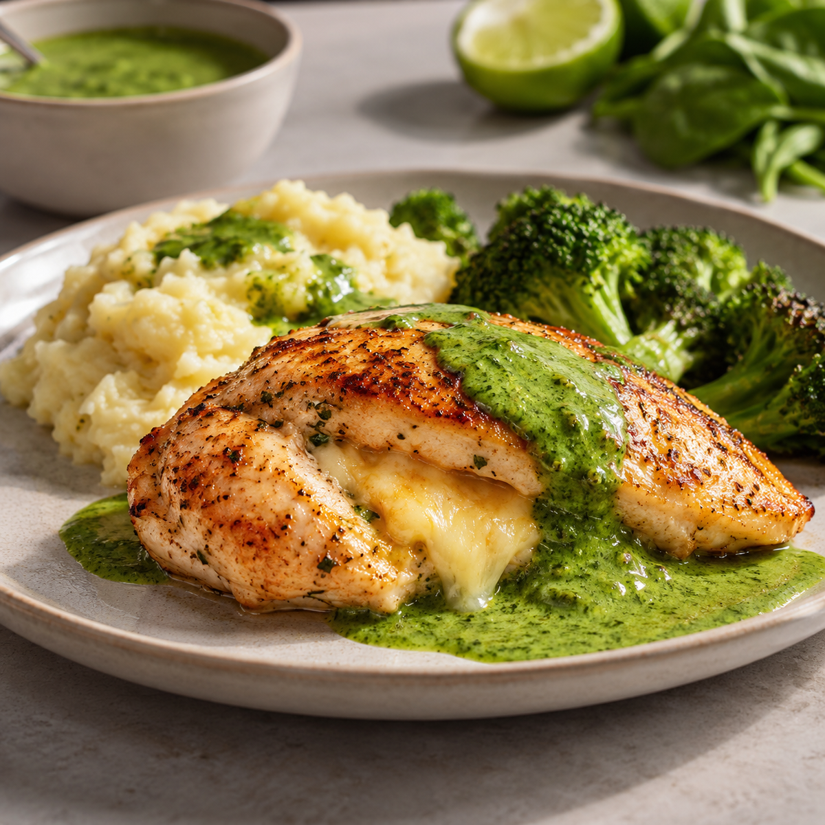 Poitrine de poulet farcie et sauce verte