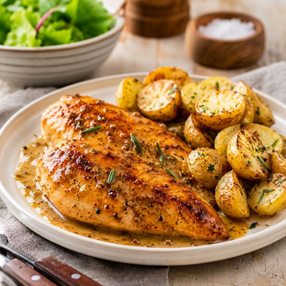 Poitrine de poulet laquée miel et moutarde