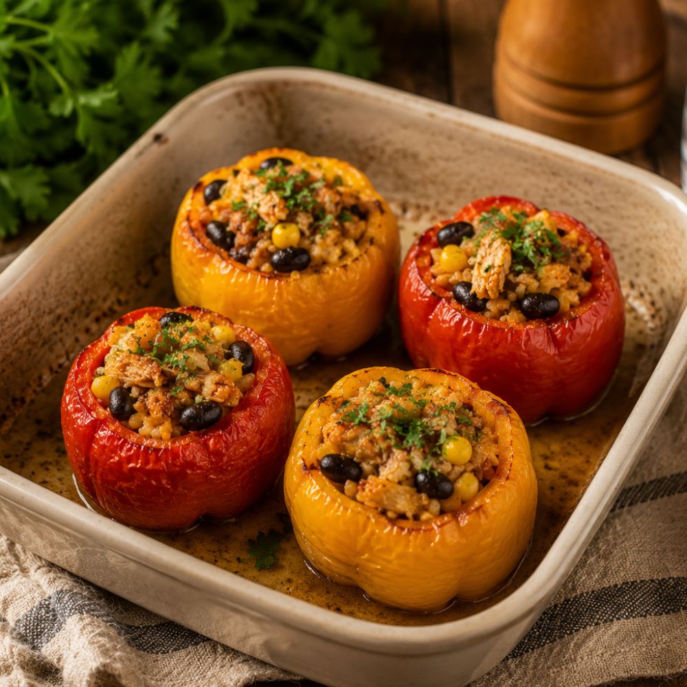 Poivrons farcis au poulet et riz