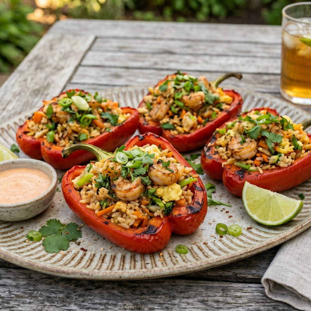 Poivrons rouges farcis aux crevettes thaï
