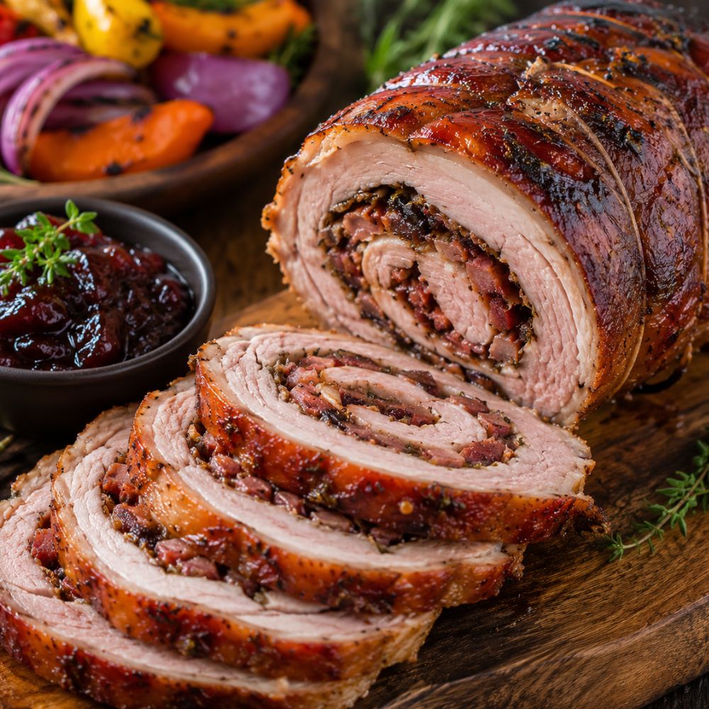 Porchetta au bacon et confiture de prunes, au bbq