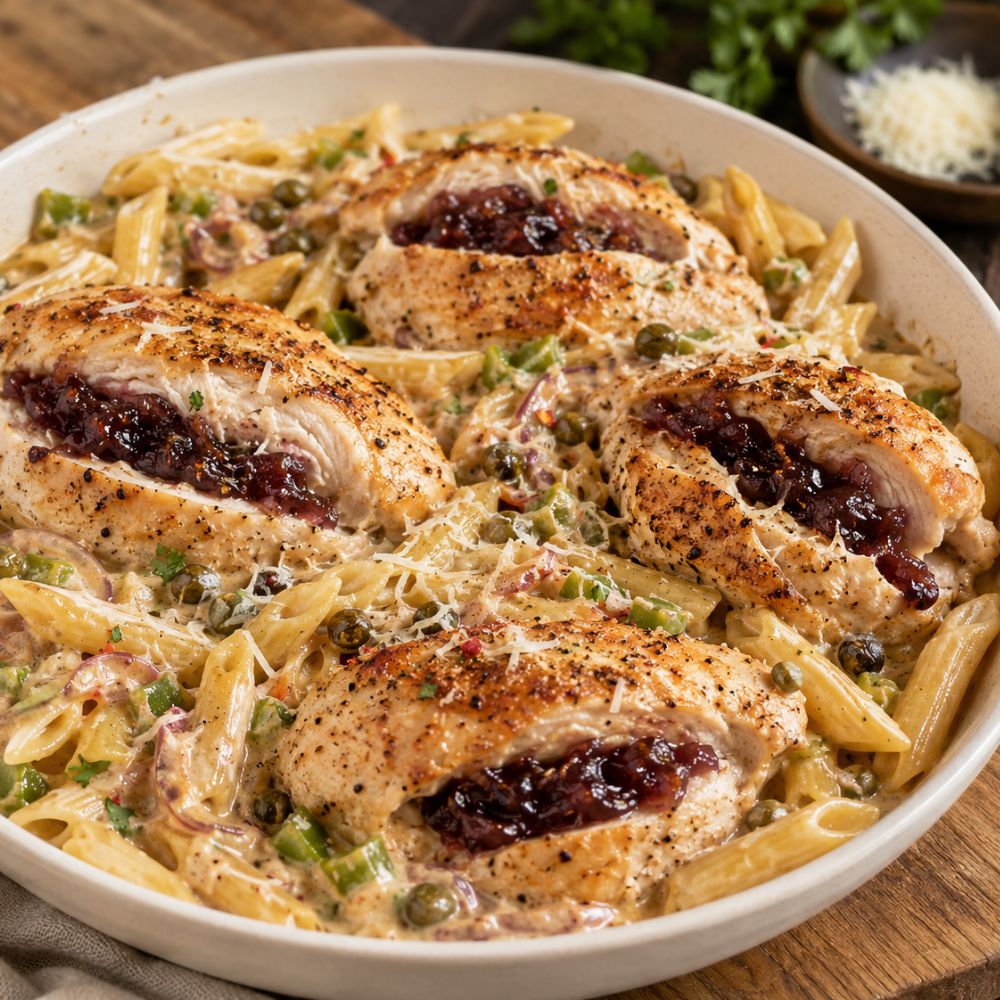 Poulet du Québec crémeux à la gelée de vin