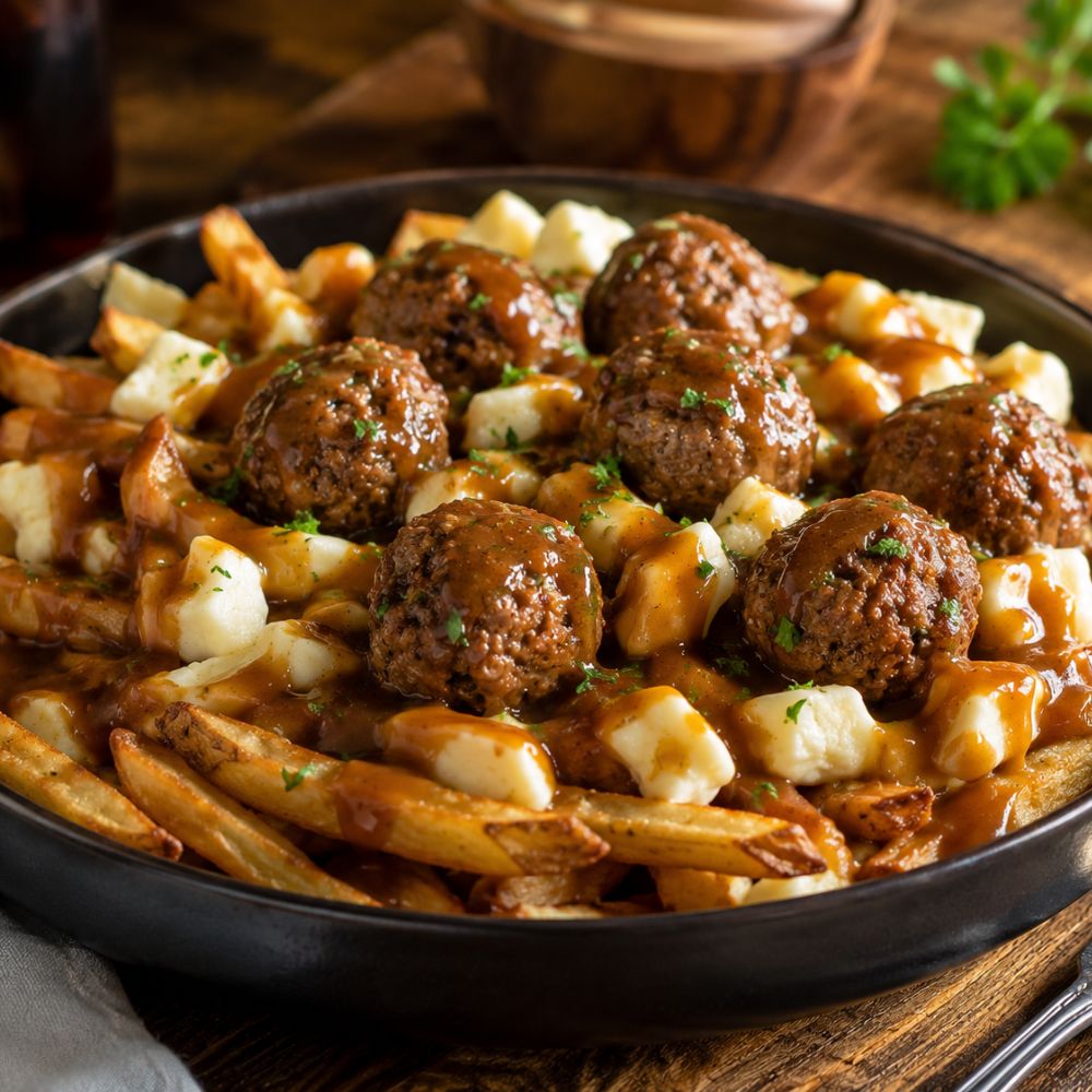 Poutine cochonne aux boulettes de porc