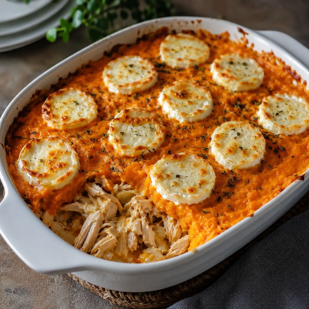 Gratin de purée de carottes et poulet effiloché au fromage de chèvre
