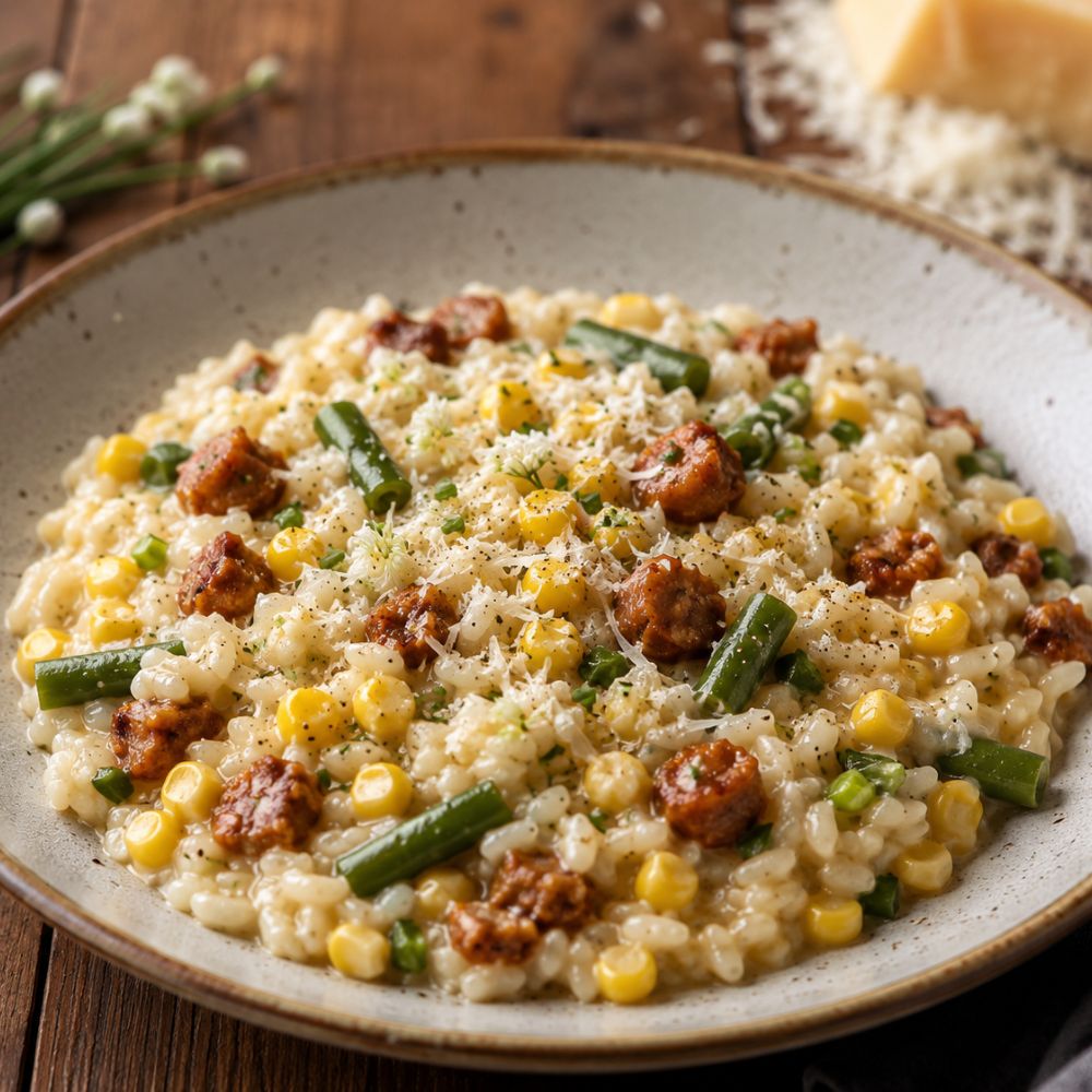 Risotto de saucisse épicée et maïs grillé