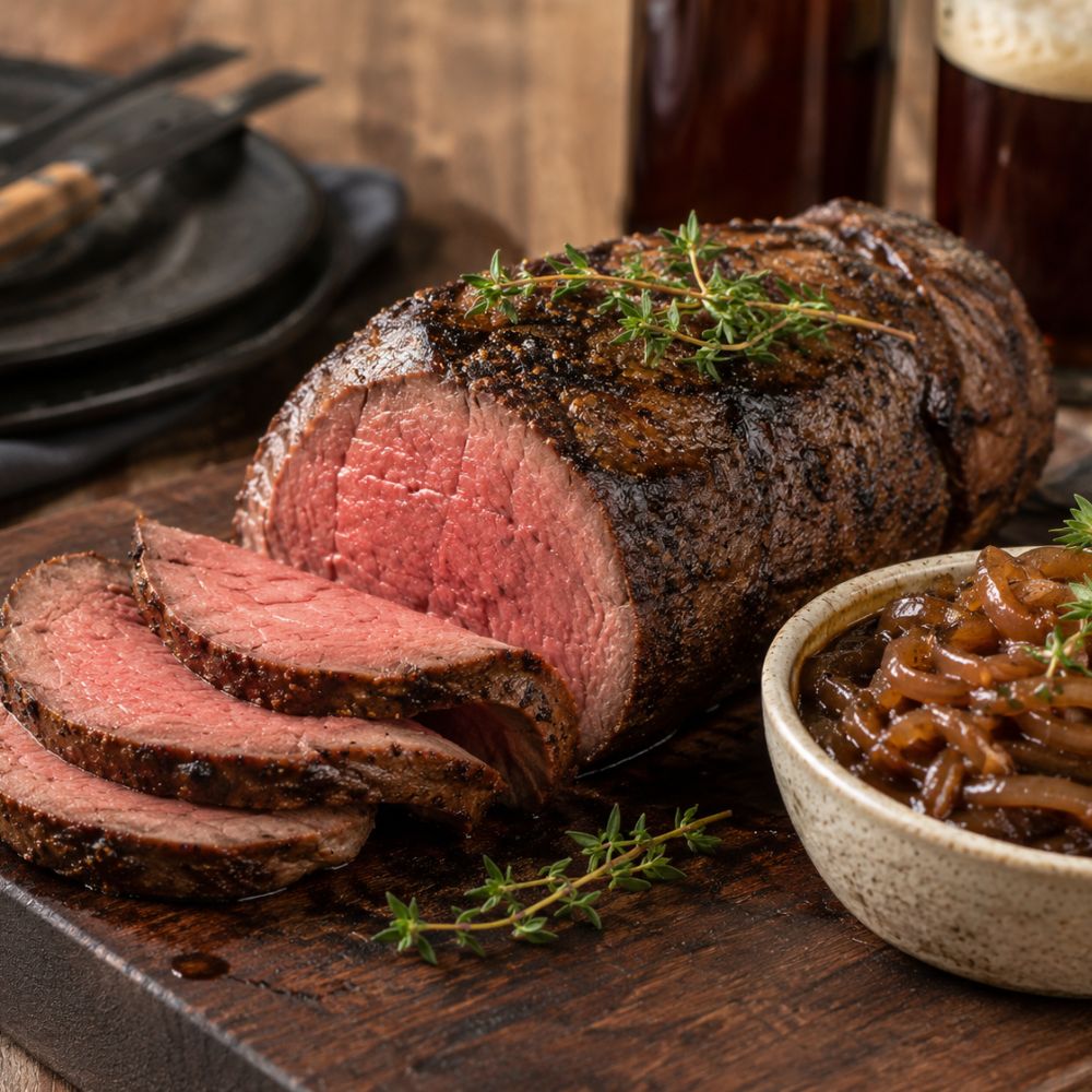 Rôti de boeuf au BBQ et oignons compotés