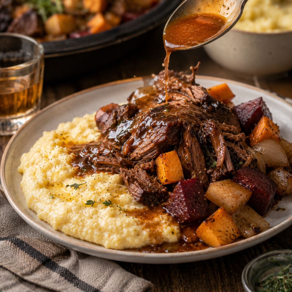 Rôti de palette bourbon moutarde et polenta crémeuse