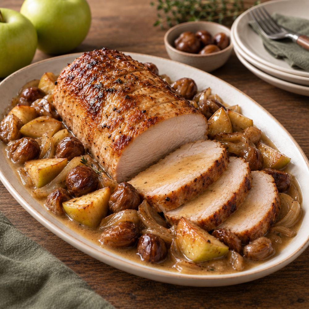 Rôti de porc aux pommes et marrons