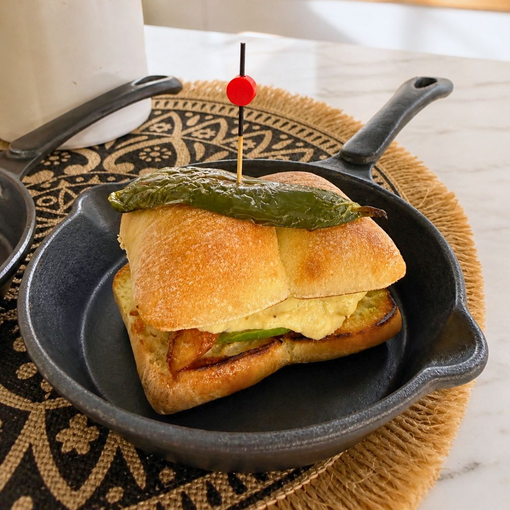Sandwich mexicain au poulet, humus de maïs et jalapeño grillés