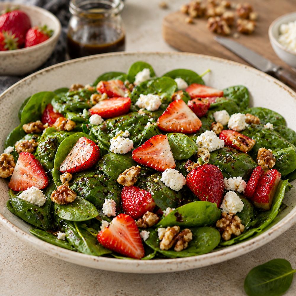 Salade d'épinards, fraises et vinaigrette balsamique