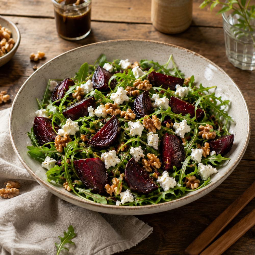 Salade de betteraves rôties, fromage de chèvre et noix