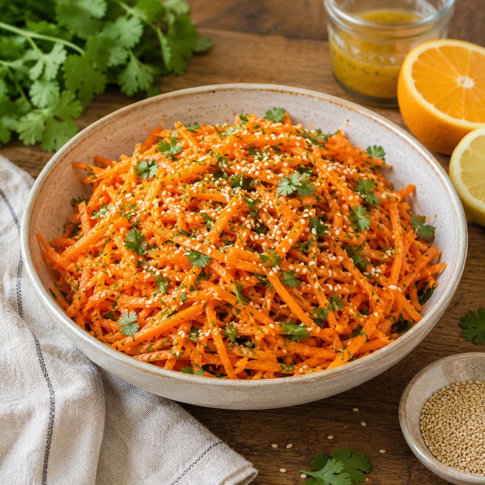 Salade de carottes râpées, coriandre et vinaigrette aux agrumes