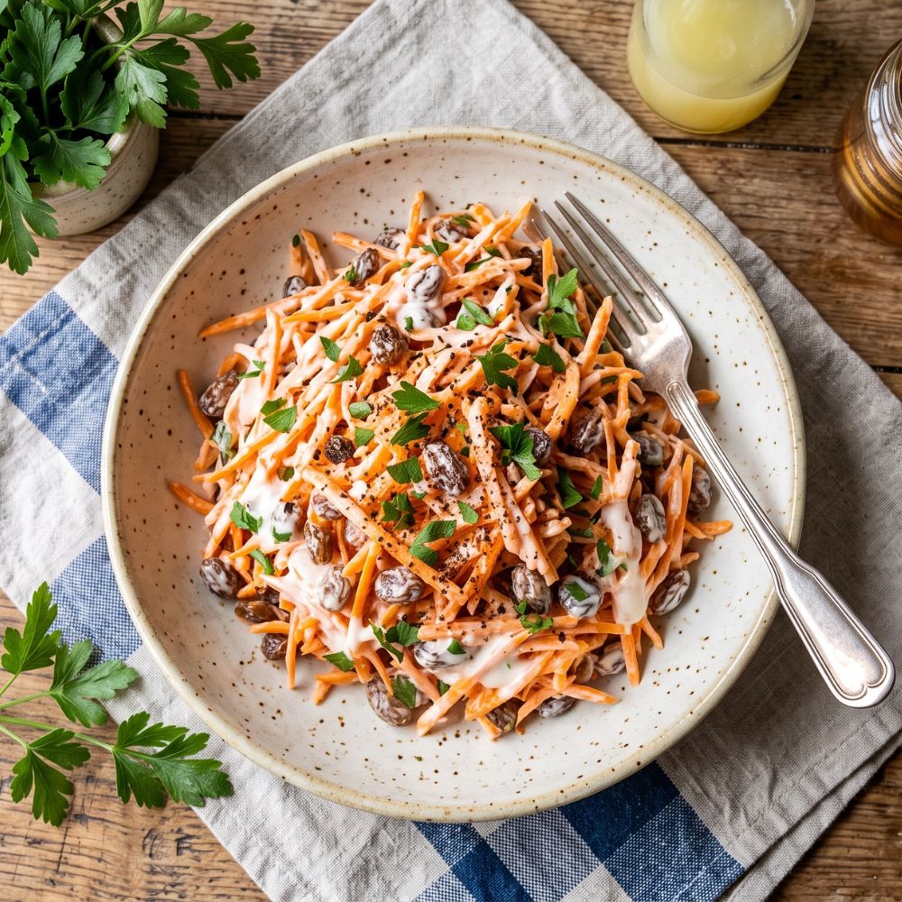 Salade de carottes râpées, raisins secs et vinaigrette au yogourt