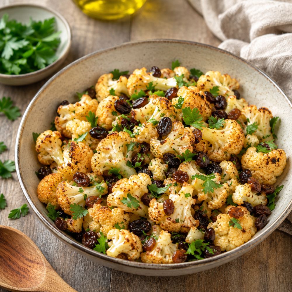 Salade de chou-fleur rôti, raisins secs et persil frais