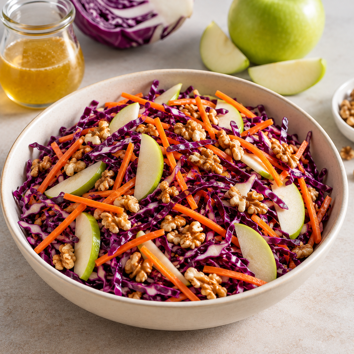 Salade de chou rouge, pommes et vinaigrette au cidre