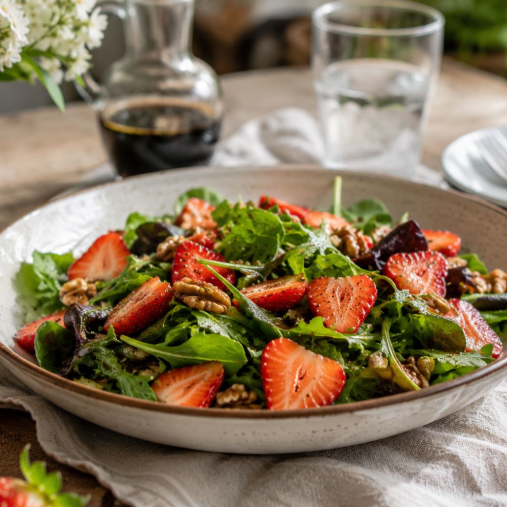 Salade de jeunes pousses, fraises et vinaigrette balsamique