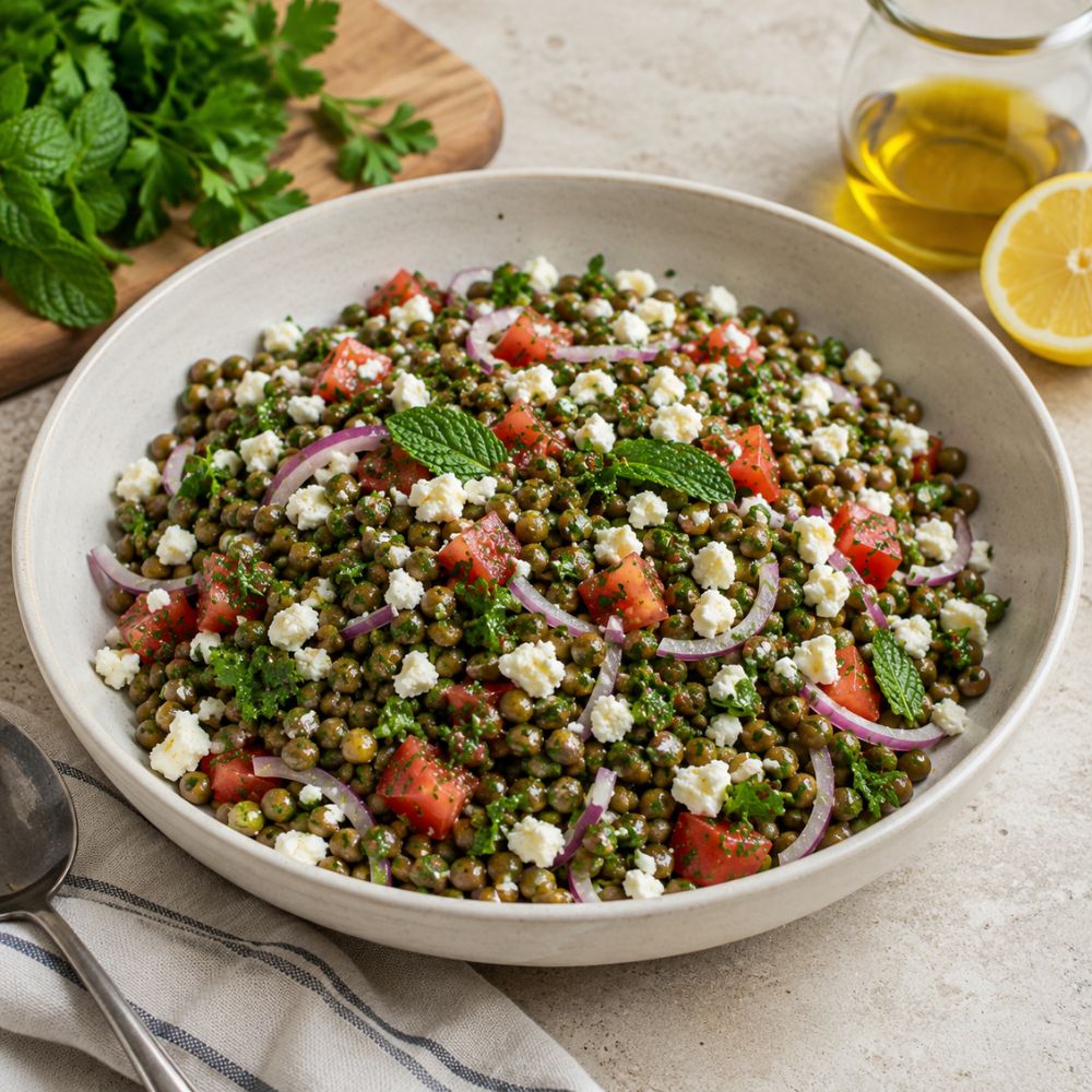 Salade de lentilles vertes, feta et herbes fraîches