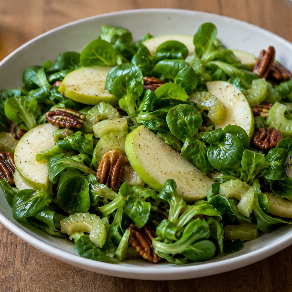 Salade de mâche aux pommes, céleri et vinaigrette à l'érable
