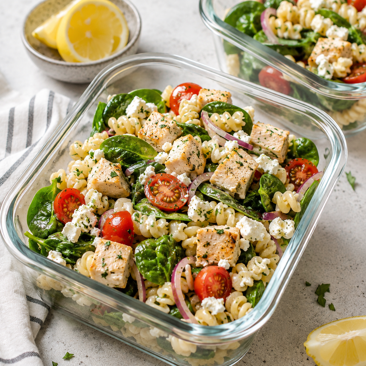 Salade de pâtes au citron, poulet, épinards et feta