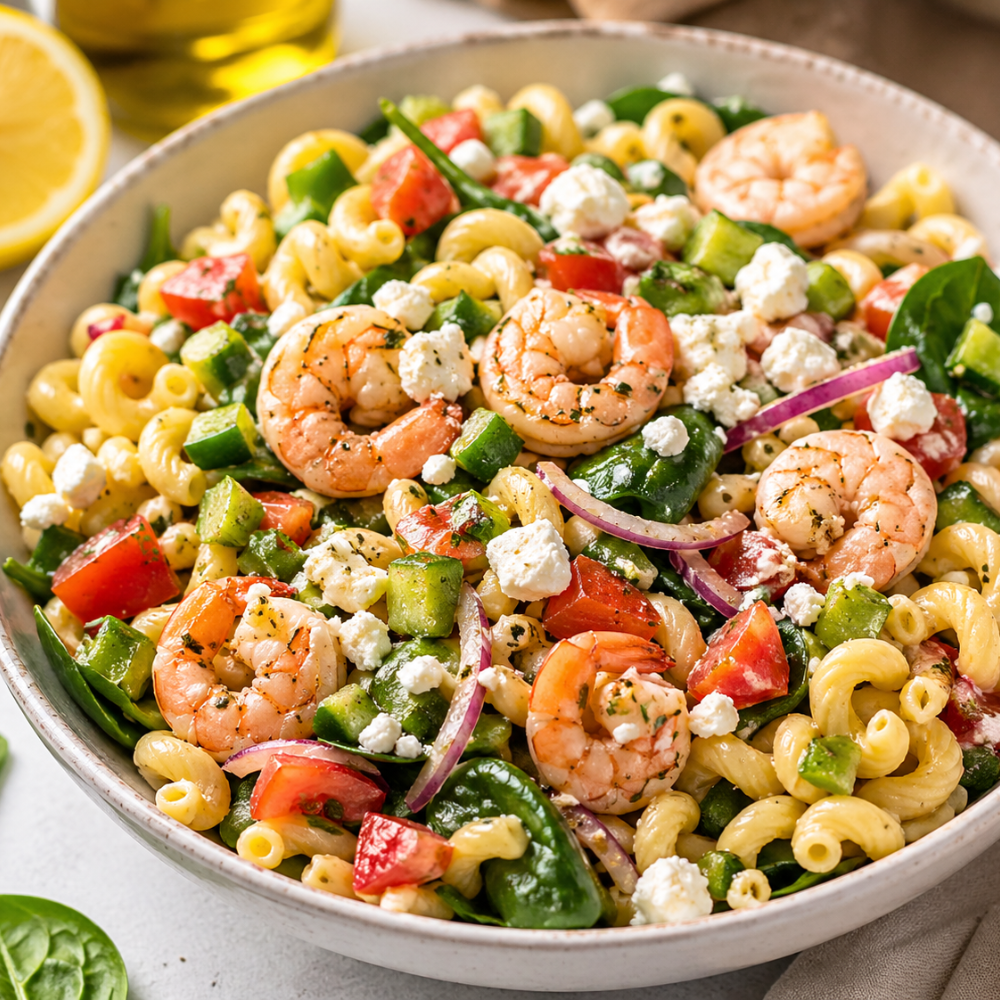 Salade de pâtes méditerranéenne aux crevettes