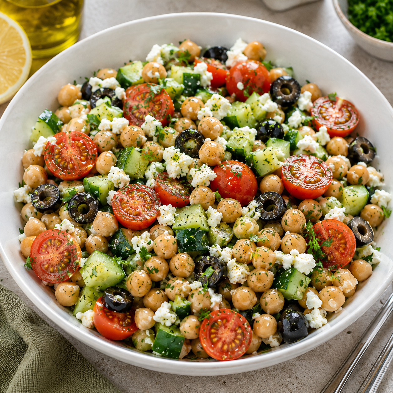 Salade de pois chiches, concombres et tomates cerises