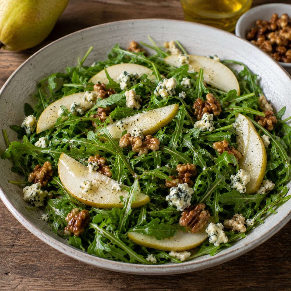 Salade de roquette aux poires et noix caramélisées