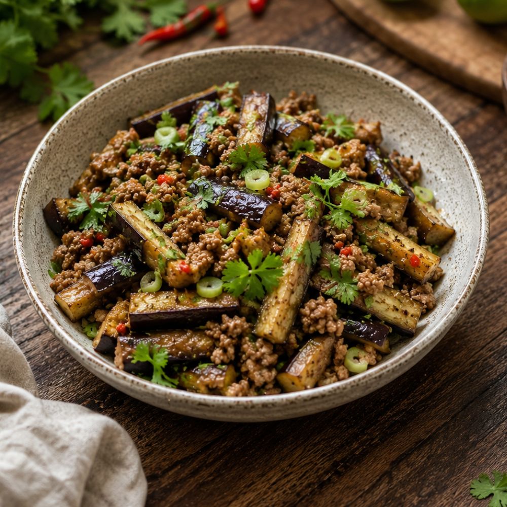 Salade épicée au porc et aubergine