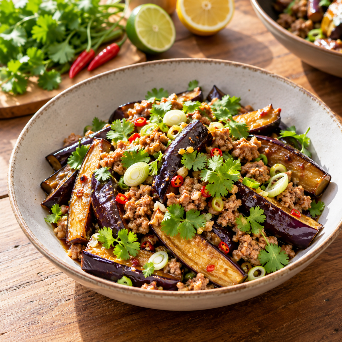 Salade épicée au porc et aubergine