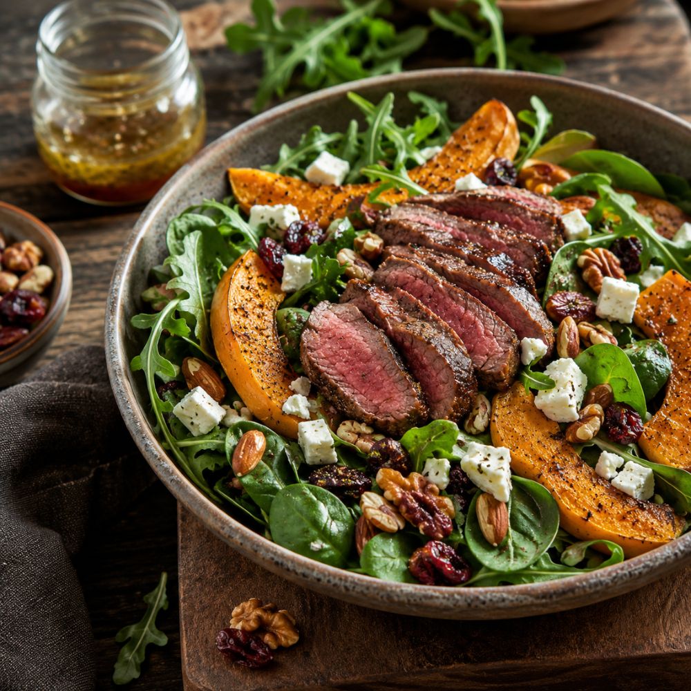 Salade tiède steak et courge rôtie