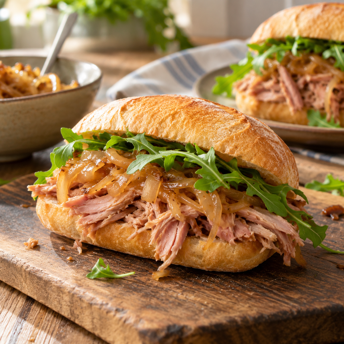 Sandwich de jambon effiloché et compotée d’oignons à l’amarula