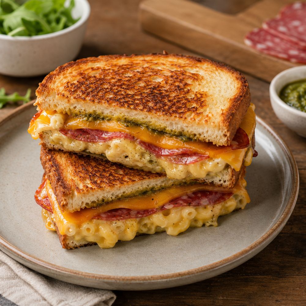 Sandwich mac and cheese au salami