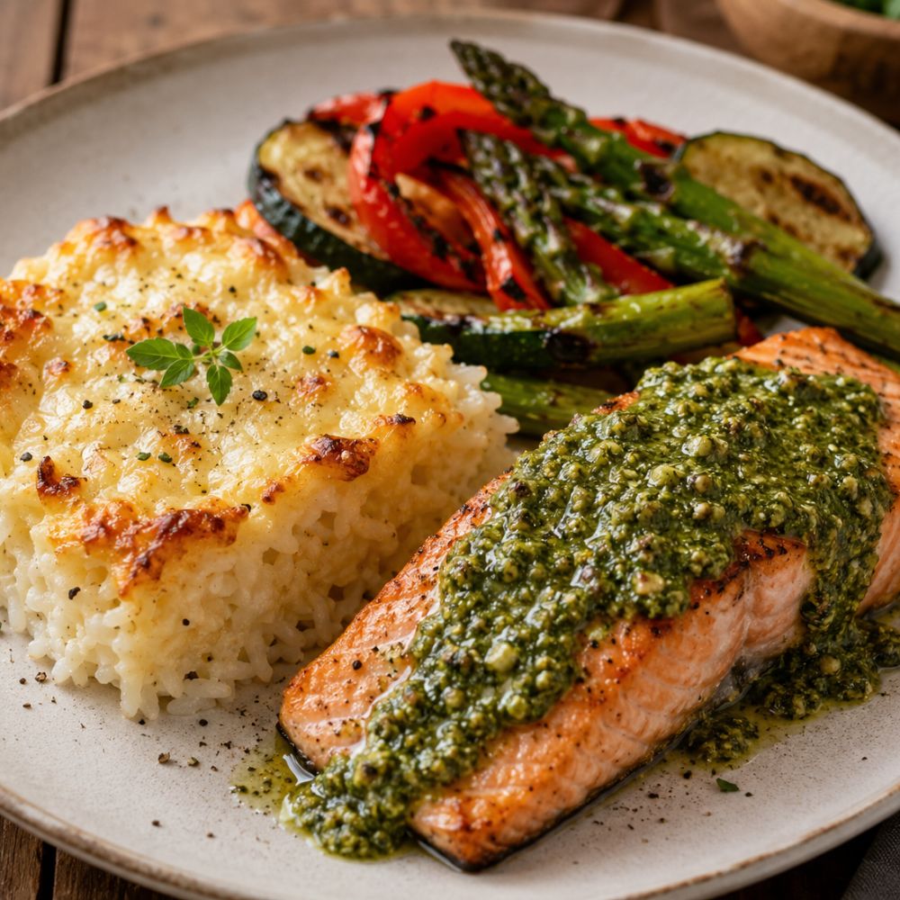 Saumon au pesto et riz au fromage
