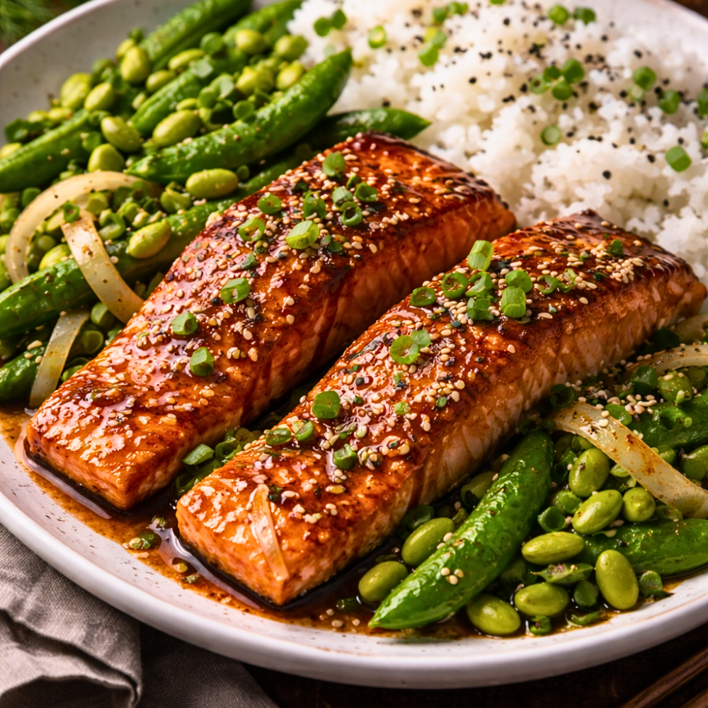 Saumon teriyaki aux légumes verts