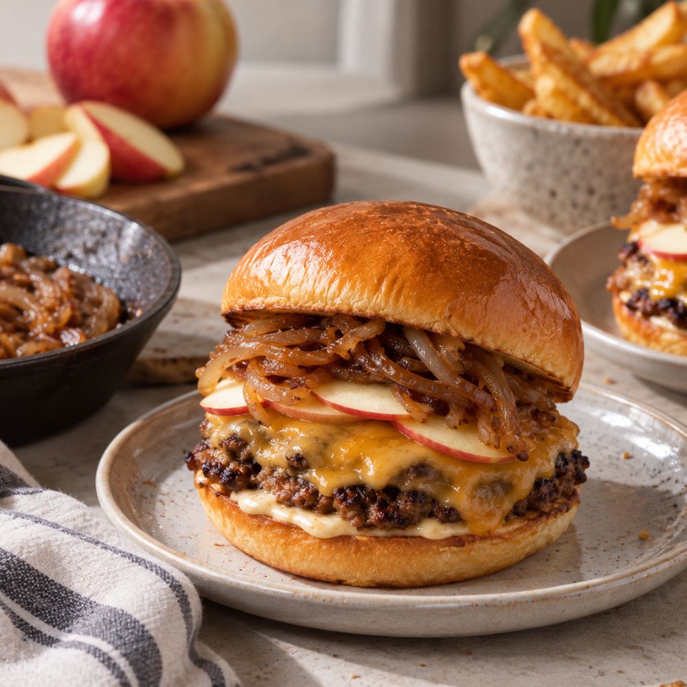 Smash burger pomme, cheddar & oignons caramélisé