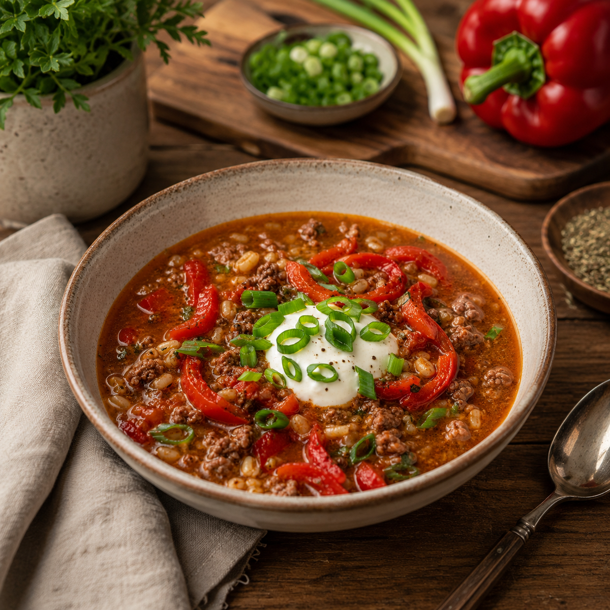 Soupe bœuf et poivron rôti