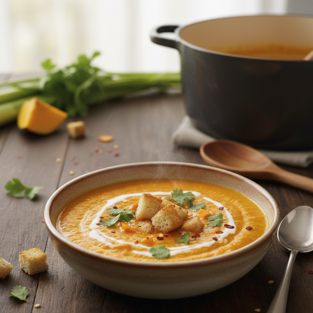 Soupe carotte, courge, patate douce, carry rouge et coco