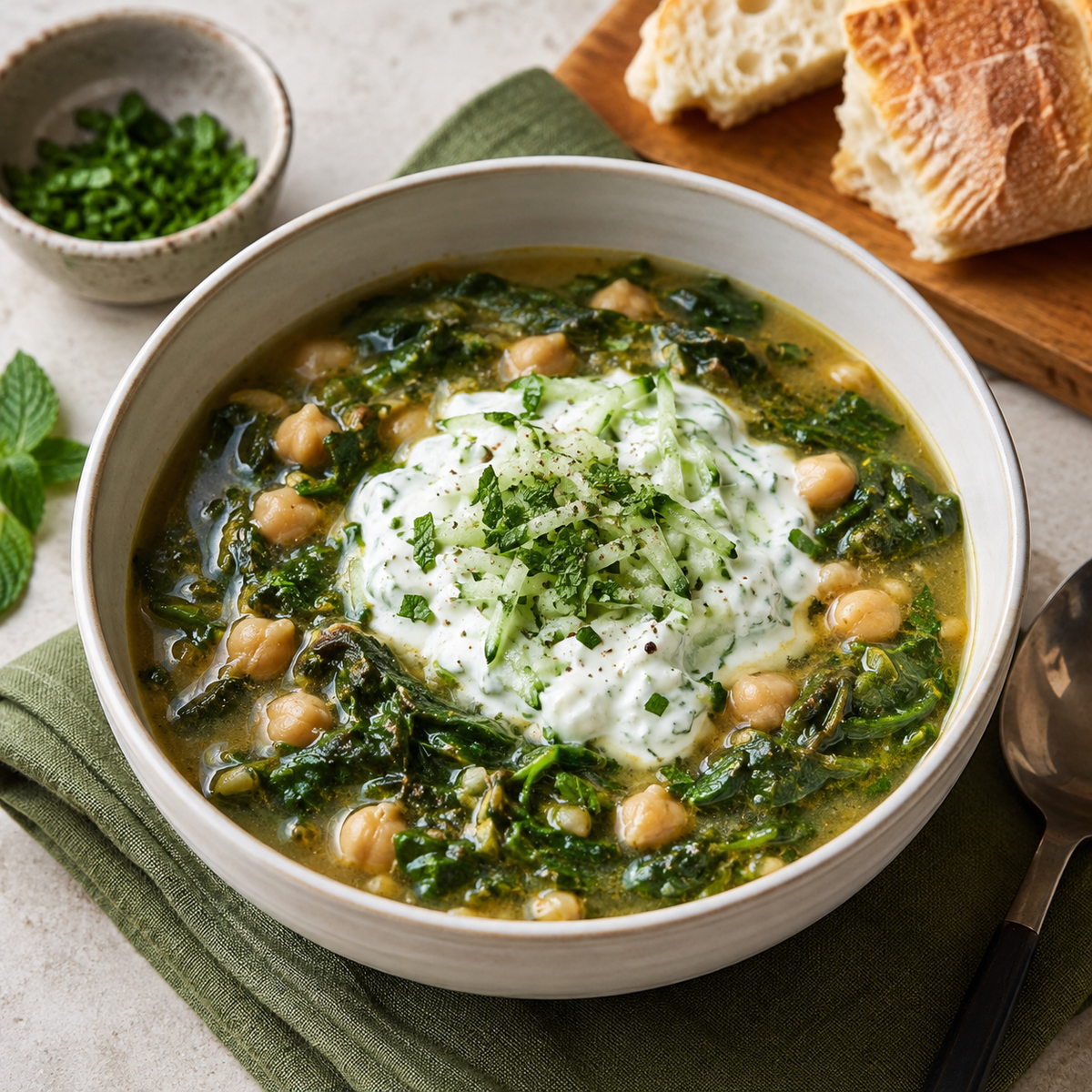 Soupe épinards, pois chiche et yogourt
