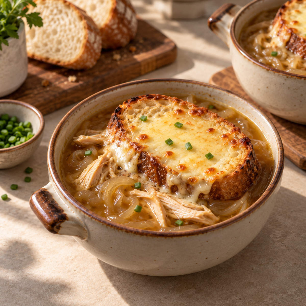 Soupe gratinée au poulet et oignon