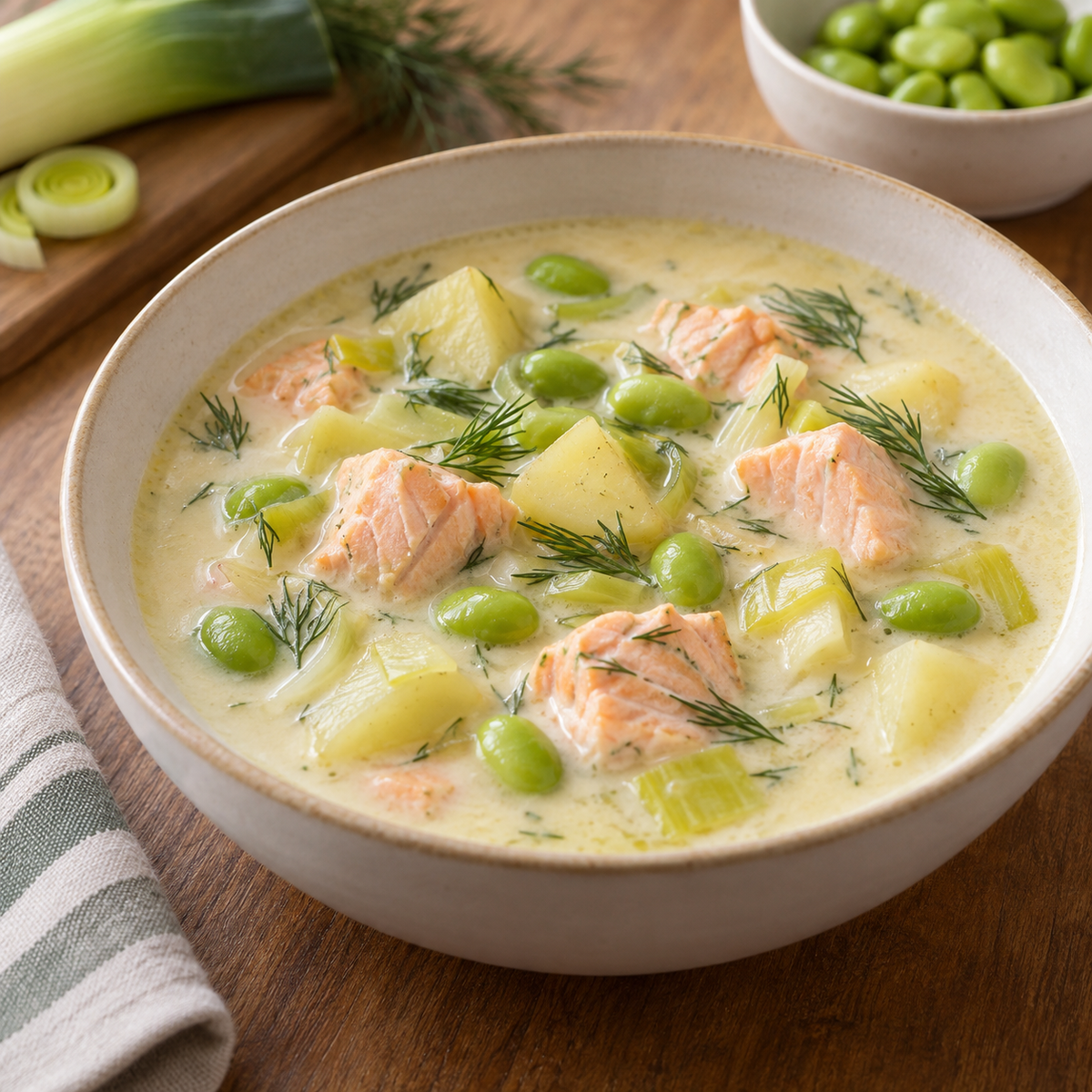 Soupe saumon et fèves