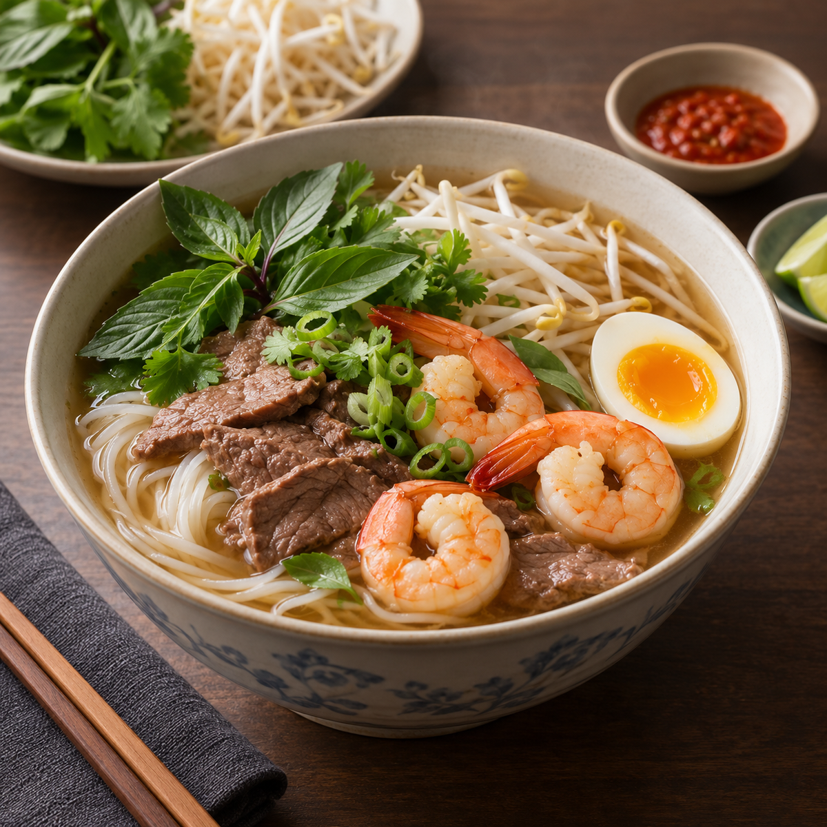 Soupe tonkinoise bœuf et crevettes