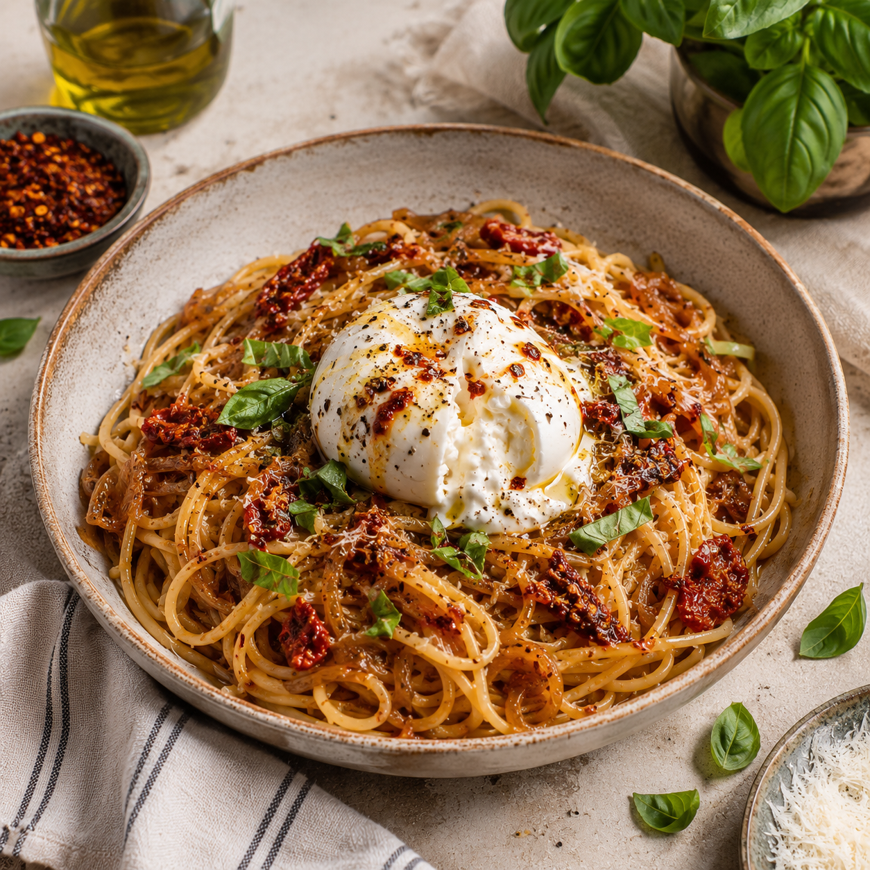 Spaghetti aux oignons caramélisés, chili crisp et burrata