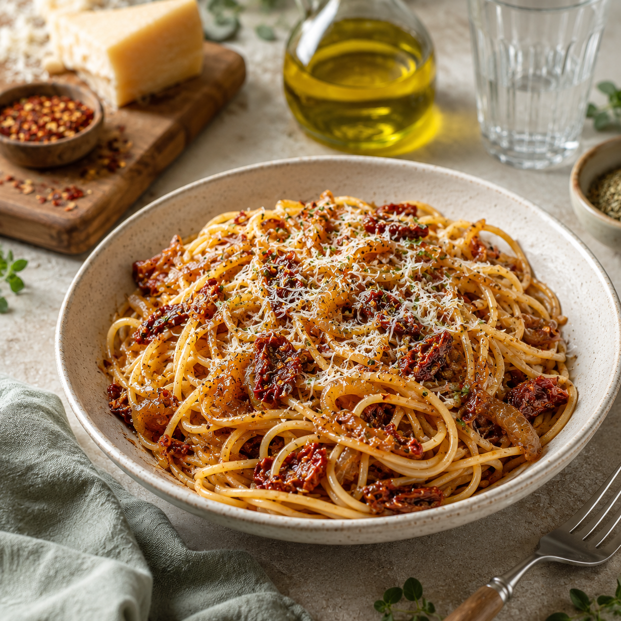 Spaghetti aux oignons caramélisés