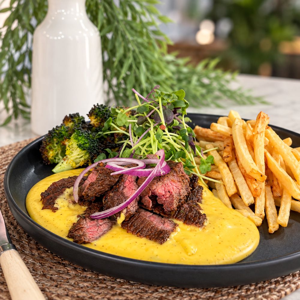 Steak façon cheeseburger, sauce crémeuse au cheddar, moutarde et cornichons