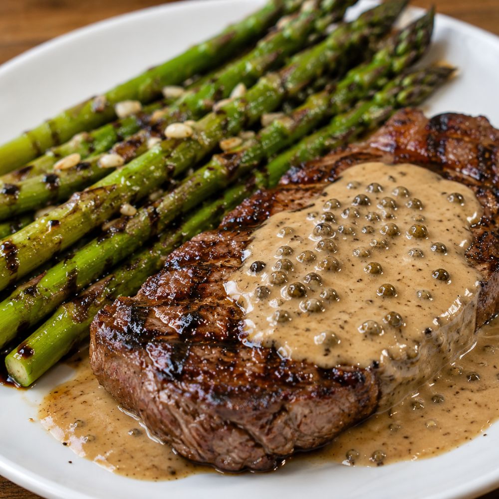 Steak grillé sauce au poivre sur le barbecue et asperges