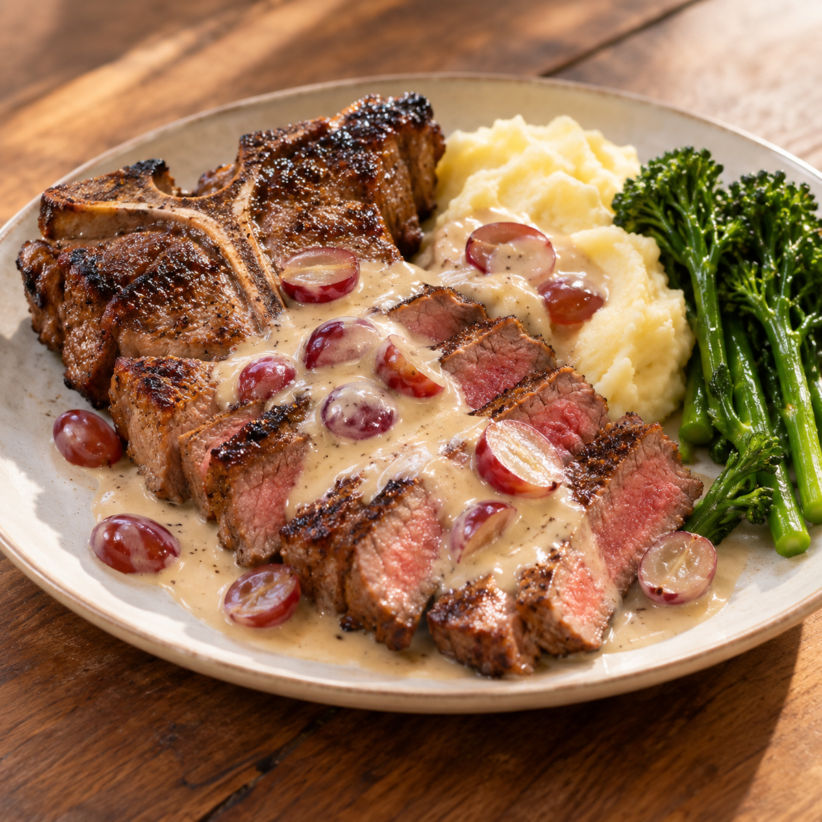 T-Bone/Wing Steak, sauce crémeuse aux raisins rouges