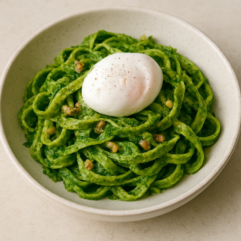 Tagliatelles pesto de roquette et oeuf poché