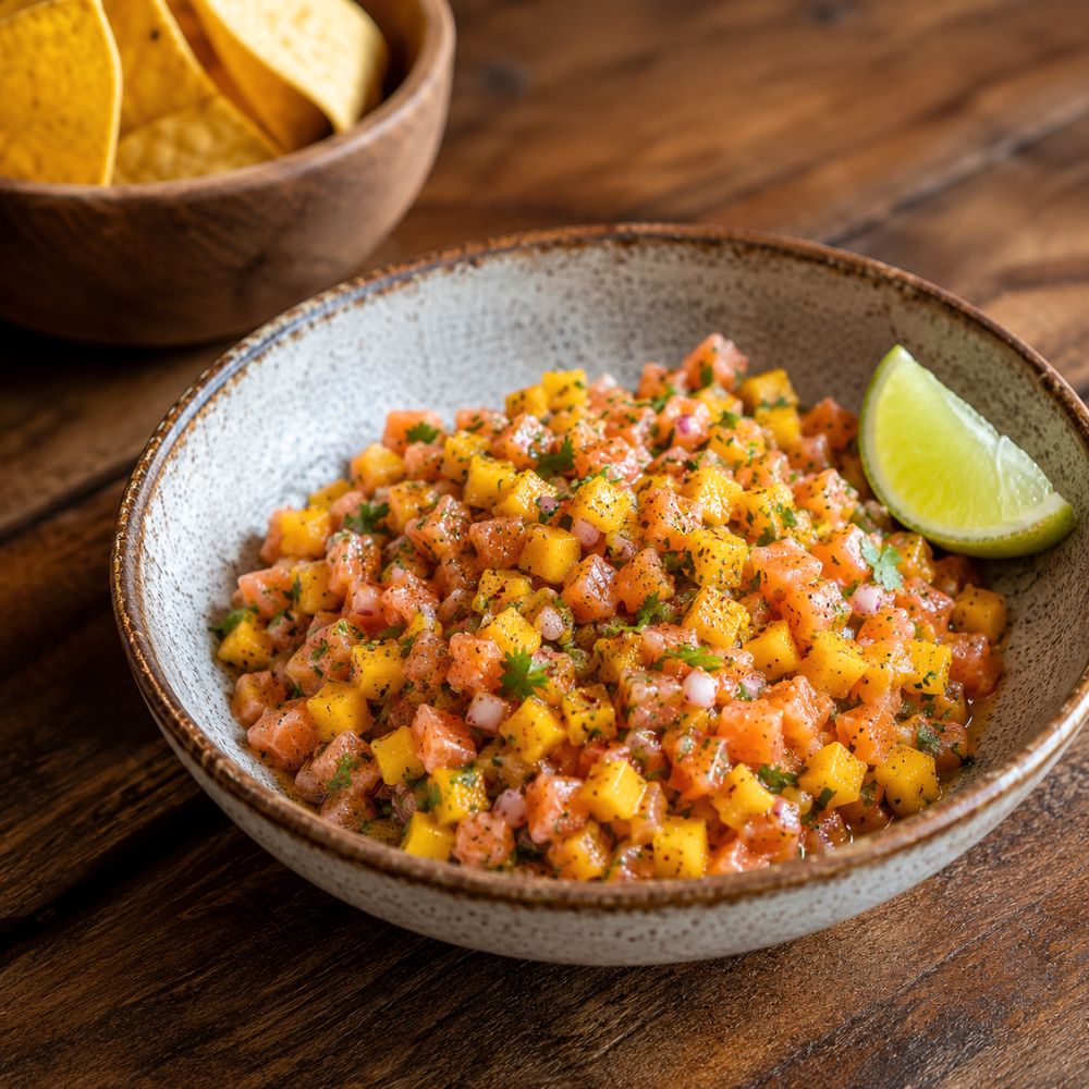 Tartare de duo de saumon à la mangue et coriandre